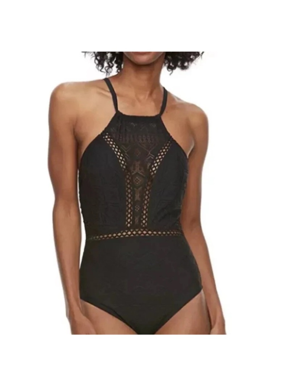 Aqua Couture Black Crochet High Neck One Piece Swimsuit
